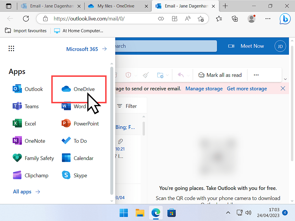 OneDrive is indicated on Apps menu.
