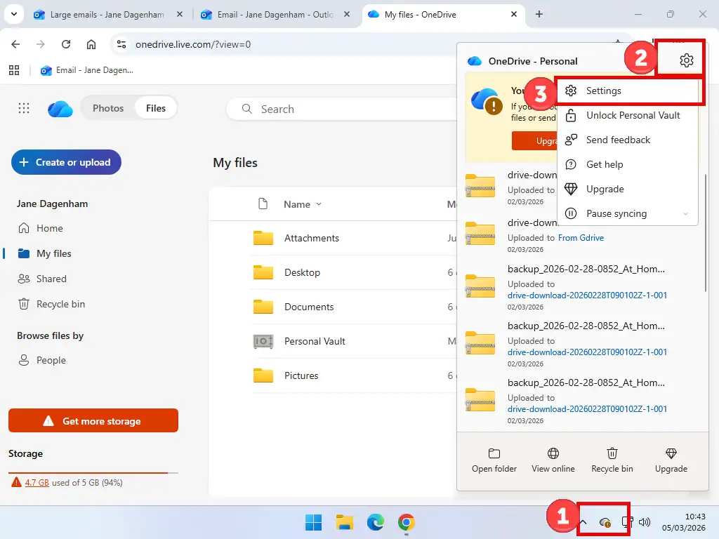 OneDrive settings Opening OneDrive settings on PC.