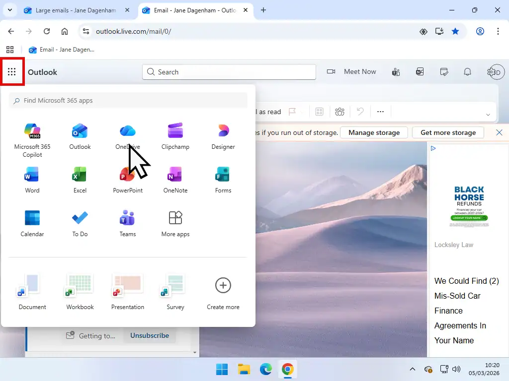 Open OneDrive from Outlook online Opening OneDrive account from within Outlook.com