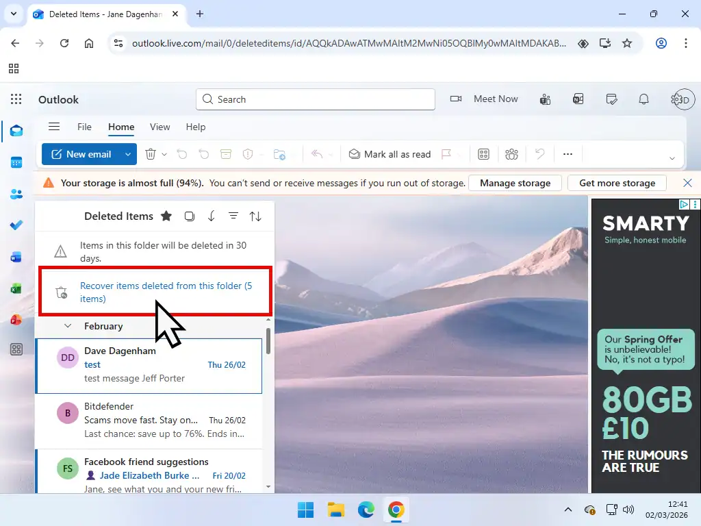 Recover items deleted from this folder Deleting emails from recycle bin in Outlook.com