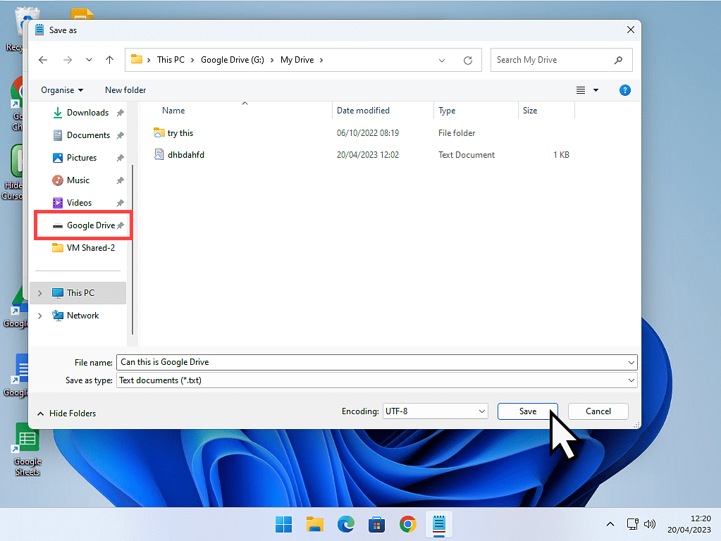 Google Drive is marked in navigation panel of File Explorer and the Save button is highlighted.