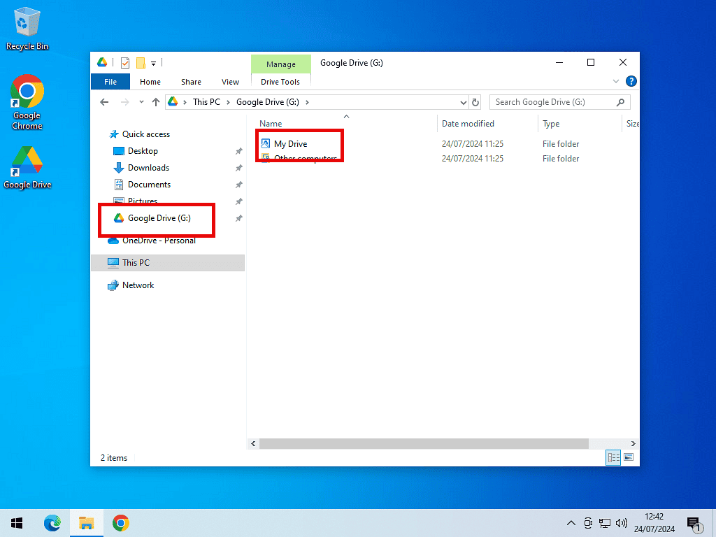 My Drive folder is highlighted in Windows File Explorer.