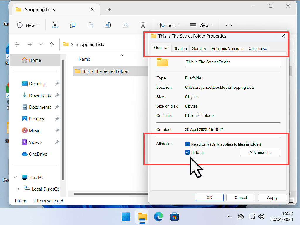 Hidden option in the attributes section of a folder.