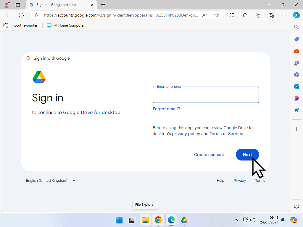 Signing in to Google account. The email address box is currently empty.