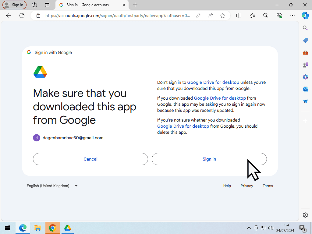 Google waring about downloading the Drive app from other websites. The Sign In button is indicated.