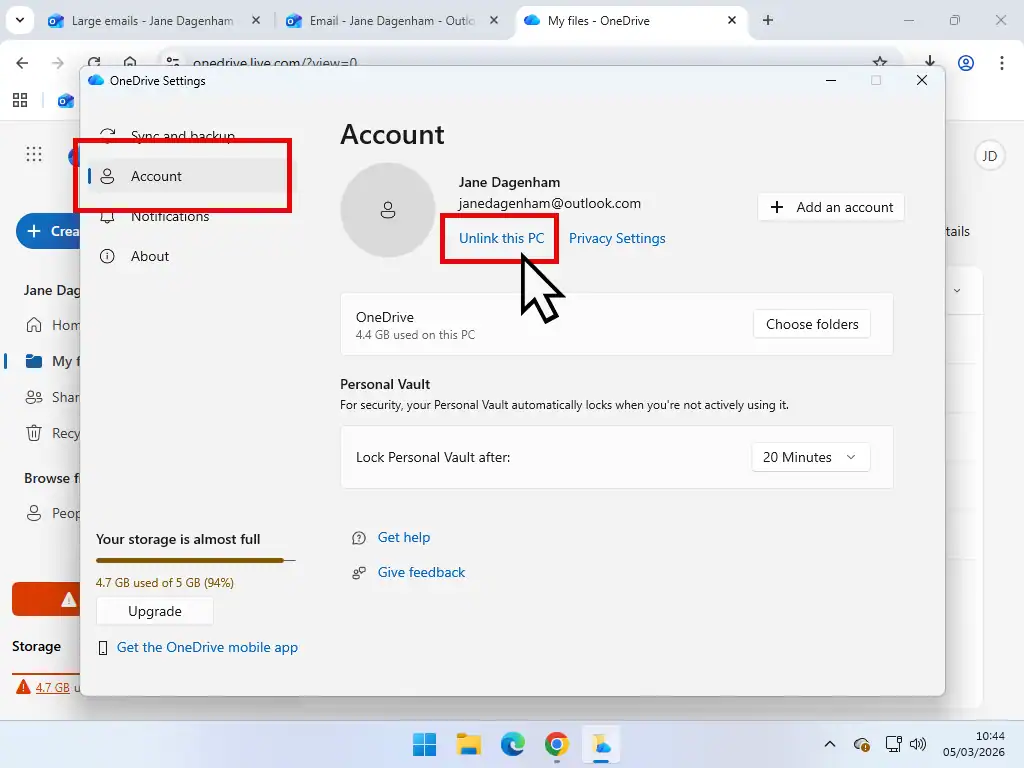 Unlink this PC Unlinking a computer from OneDrive sync.