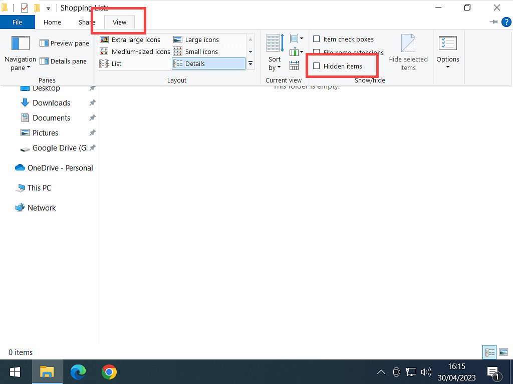 Folder is hidden in Windows 10.