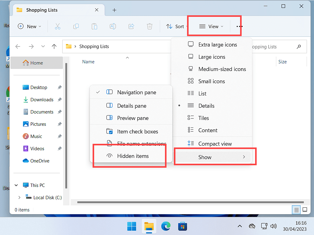 Unhiding a folder in Windows 11.