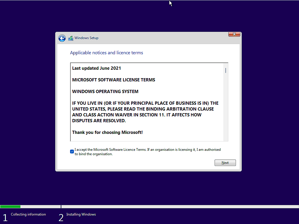 Installing Windows. Accepting the Terms and Conditions.
