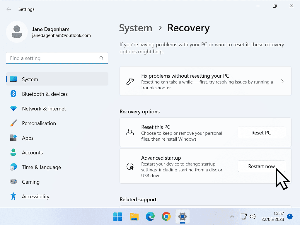 Recovery Options in Windows 11. The Restart Now button is indicated.