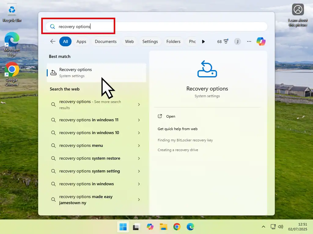 Searching for Recovery Options in Windows 11.