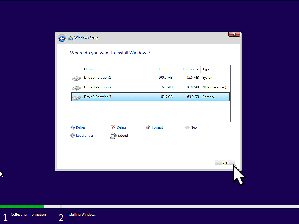 Windows partitions created and Next button indicated.