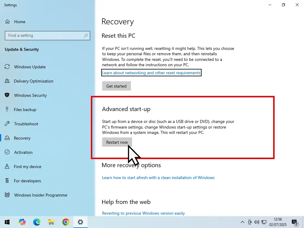 Advanced Start-up in Windows 10.