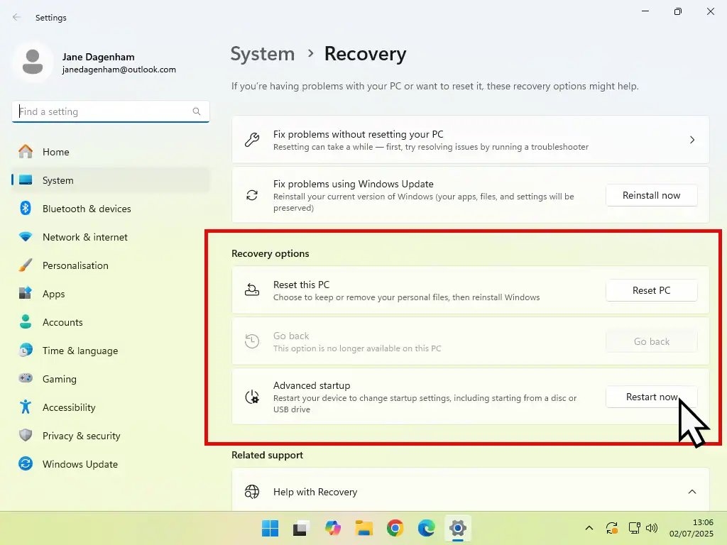 Recovery Options in Windows 11.
