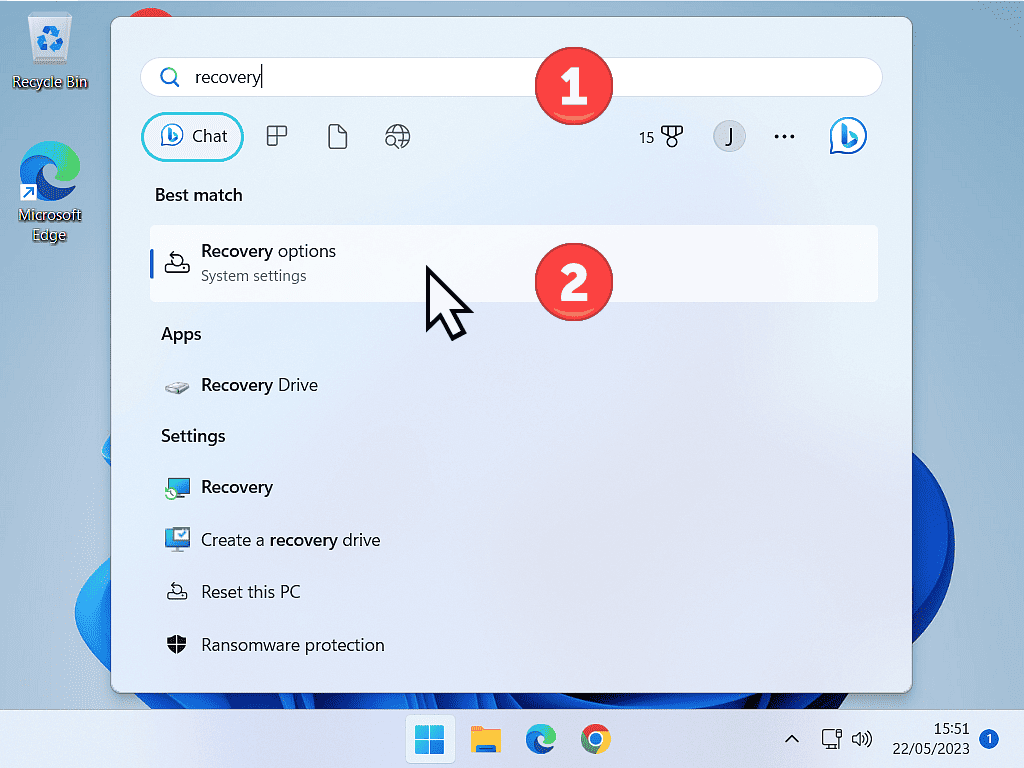 Recovery Options highlighted on Windows 11 Start menu.