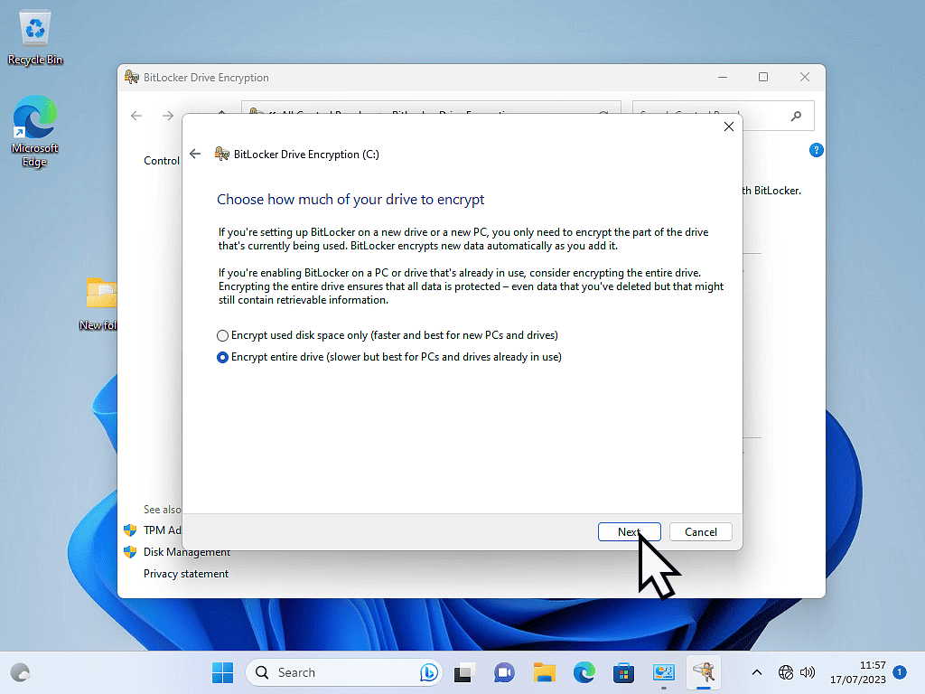 Encrypt entire drive is selected and the Next button is marked.