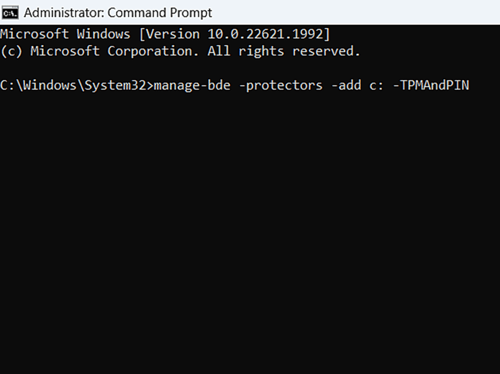 manage-bde -protectors -add c: -TPMAndPIN entered into a command prompt.