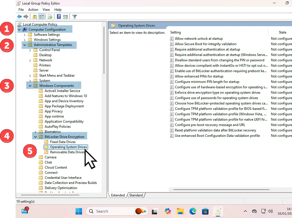 Navigating the Group Policy Editor tree Computer Configuration > Administrative Templates > Windows Components > BitLocker Drive Encryption > Operating System Drives are numbered 1. 2. 3. 4. and 5.