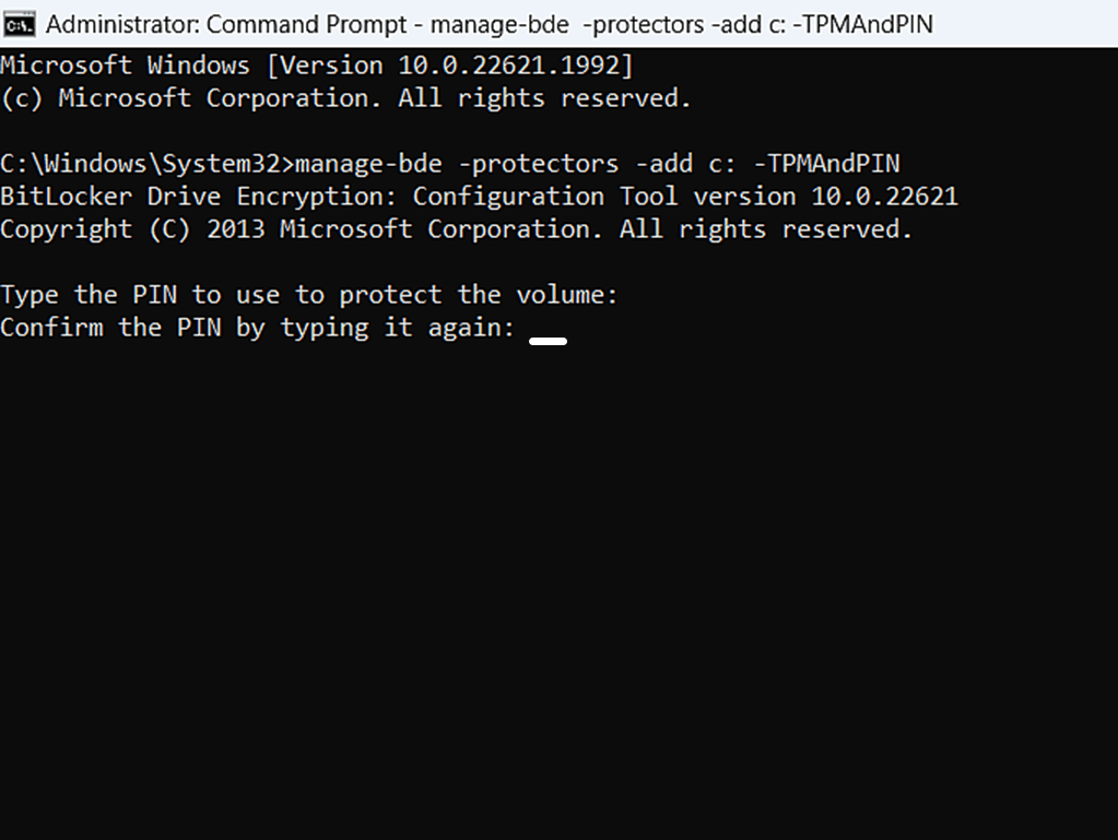 PIN confirmation in command prompt.