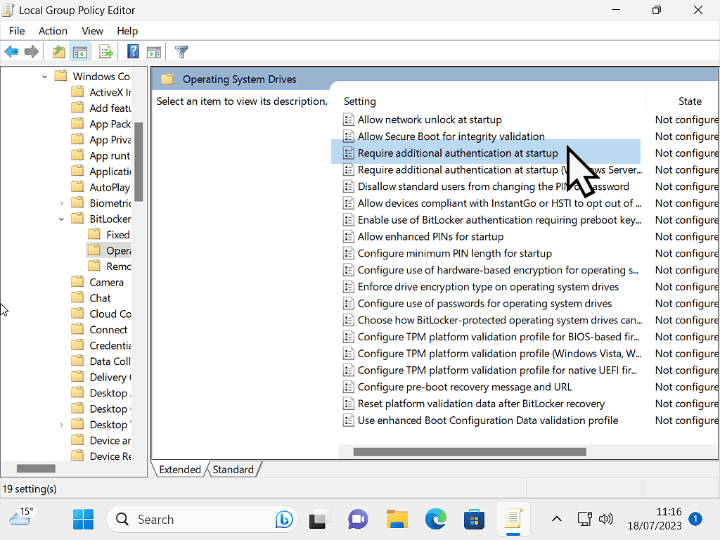 Require Additional Authentication At Startup option is marked in Group Policy Editor for Windows 11.