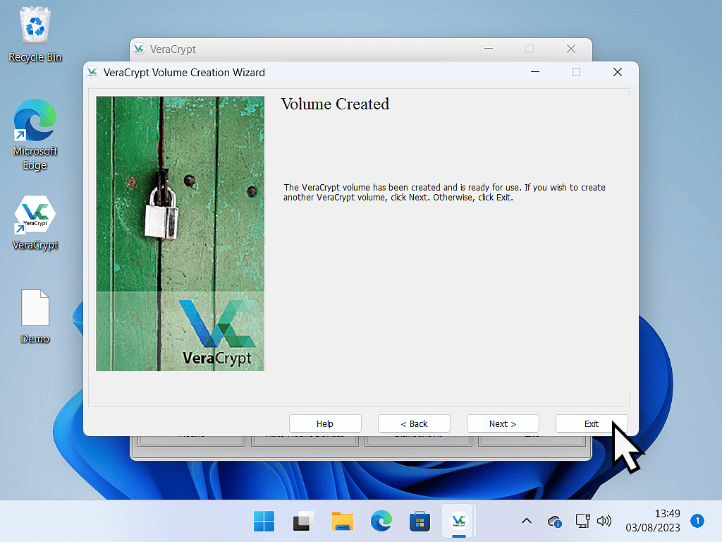 Encrypted volume created in VeraCrypt. Exit button is marked.