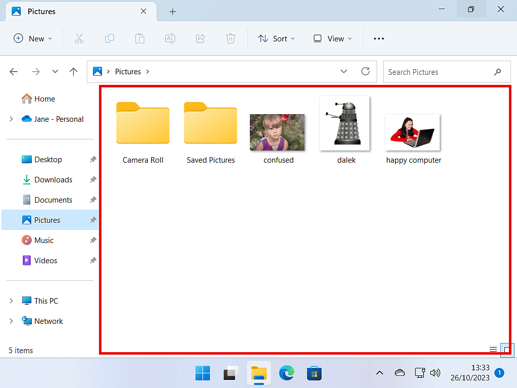 The Windows File Explorer centre pane is highlighted. Showing the contents of a Pictures folder.