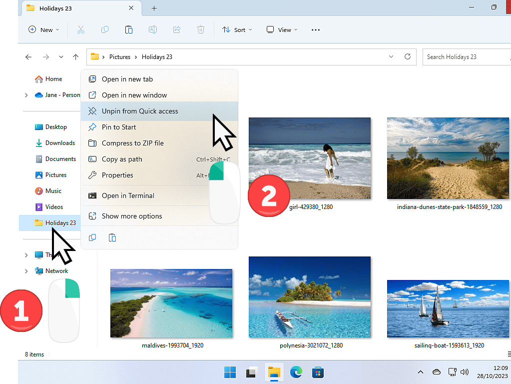 Unpinning a folder from Quick Access in Windows File Explorer.