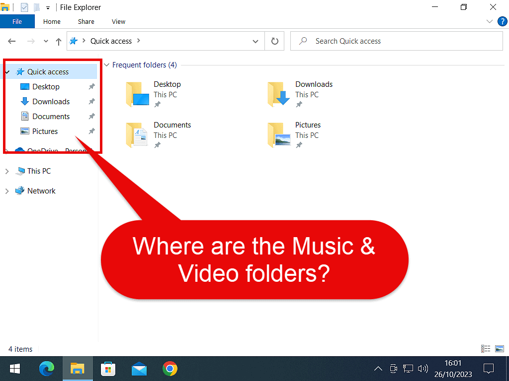 Music and Video folders are missing from the Quick Access area of Windows 10 File Explorer.