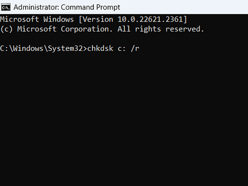 chkdsk typed into command prompt window.