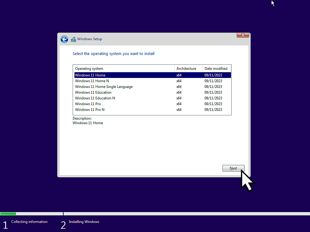 Choose which version of Windows you wish to install.