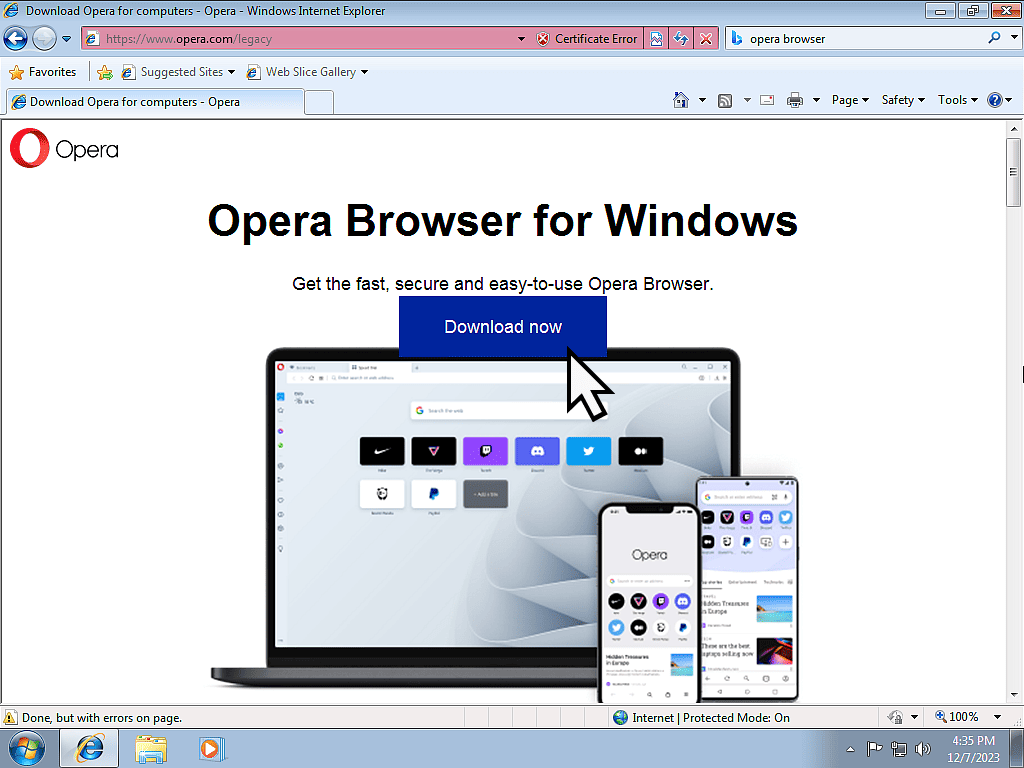 Opera web browser download page.