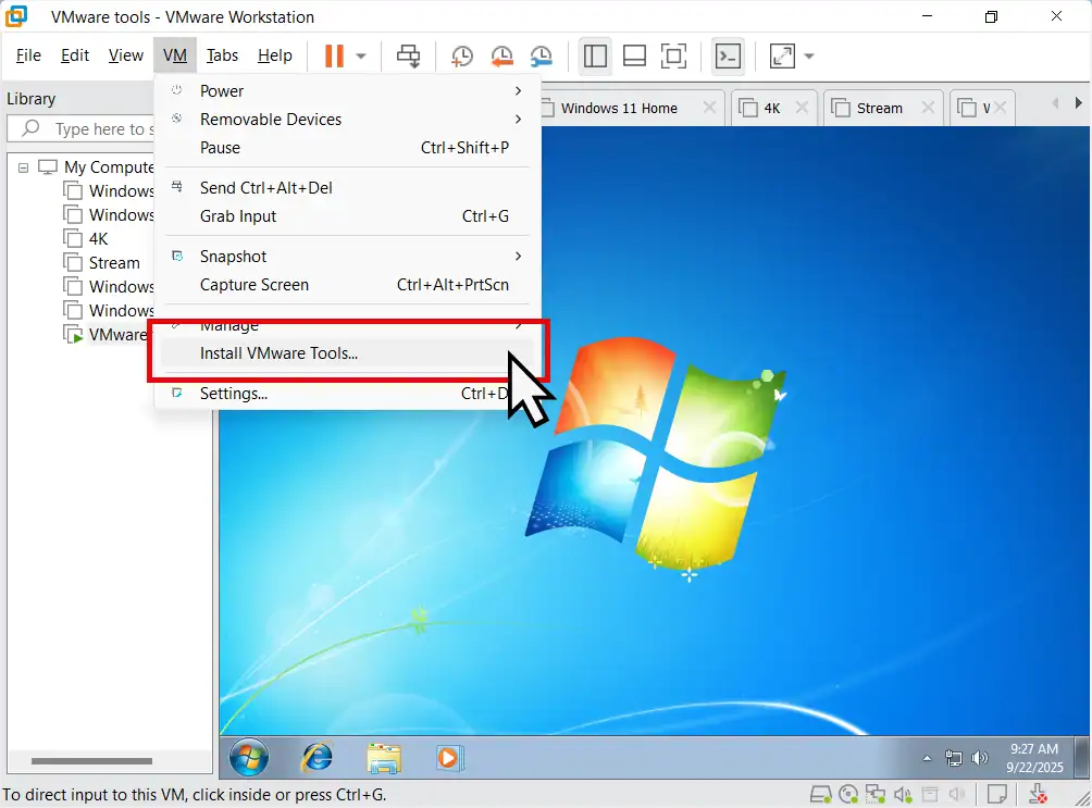 Install VMware Tools is not greyed out and is available.