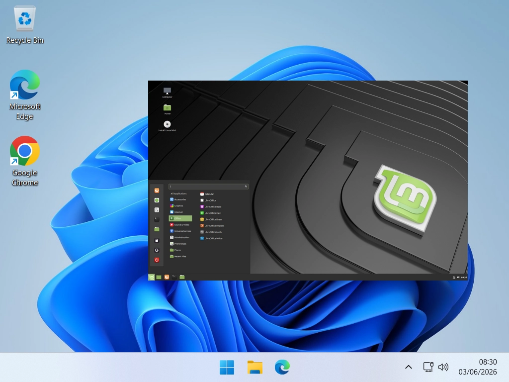Linux Mint VM Linux Mint virtual machine on Windows 11 host.