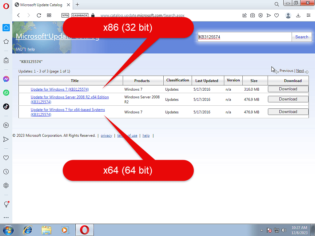 kb3125574 download page. Both the 32 bit and 64 bit downloads are indicated.