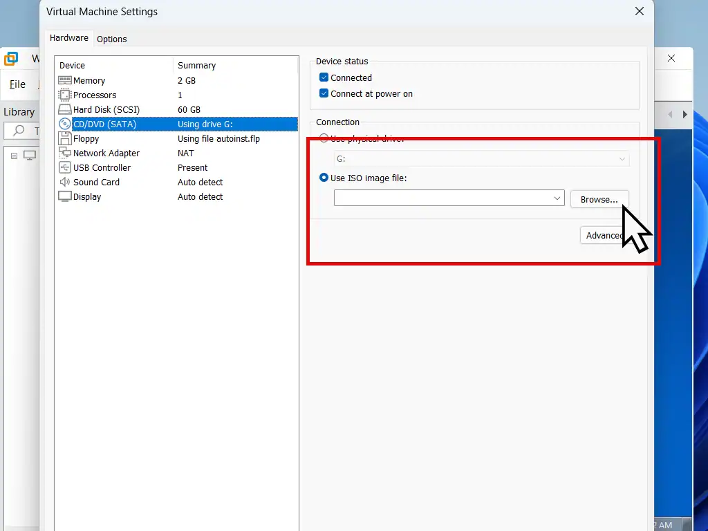 Mounting the Windows 7 updates ISO file image as a virtual CD drive.