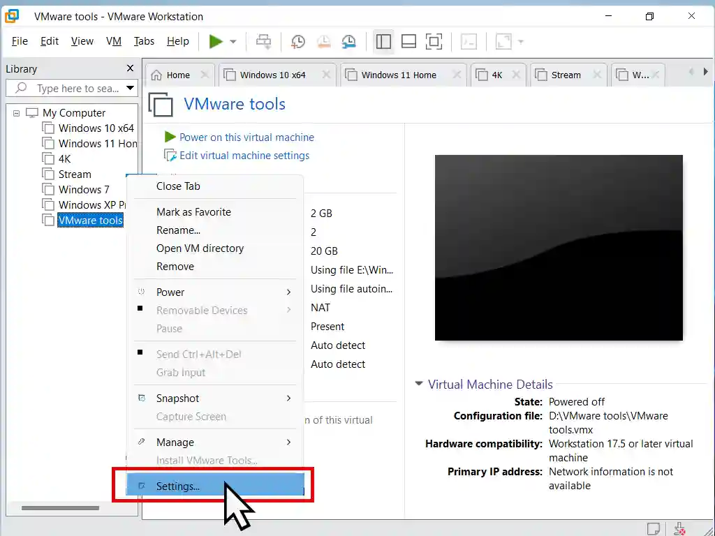Opening the Settings menu in Workstation Pro.