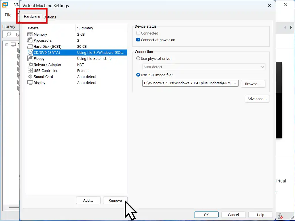 Removing virtual CD/DVD drives from a virtual machine in Workstation Pro.