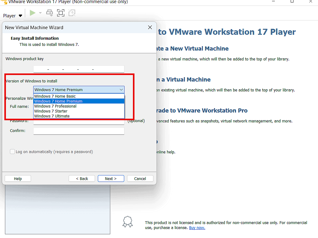 Selecting which version of Windows 7 to install as a virtual machine.