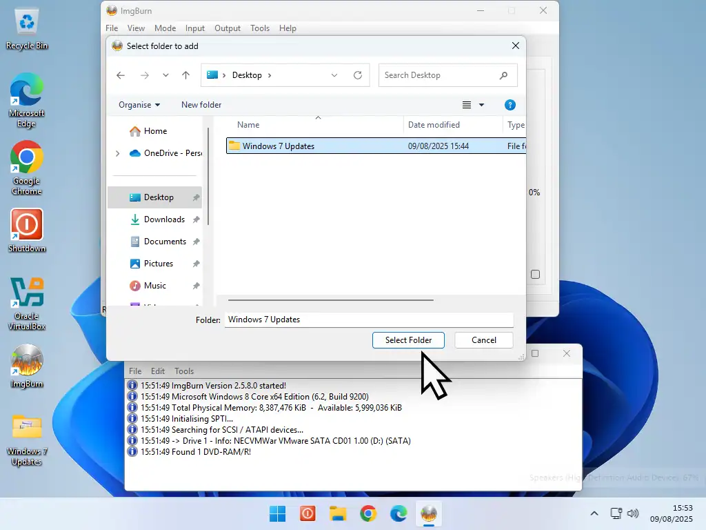 Selecting the folder where the Windows 7 updates are stored.