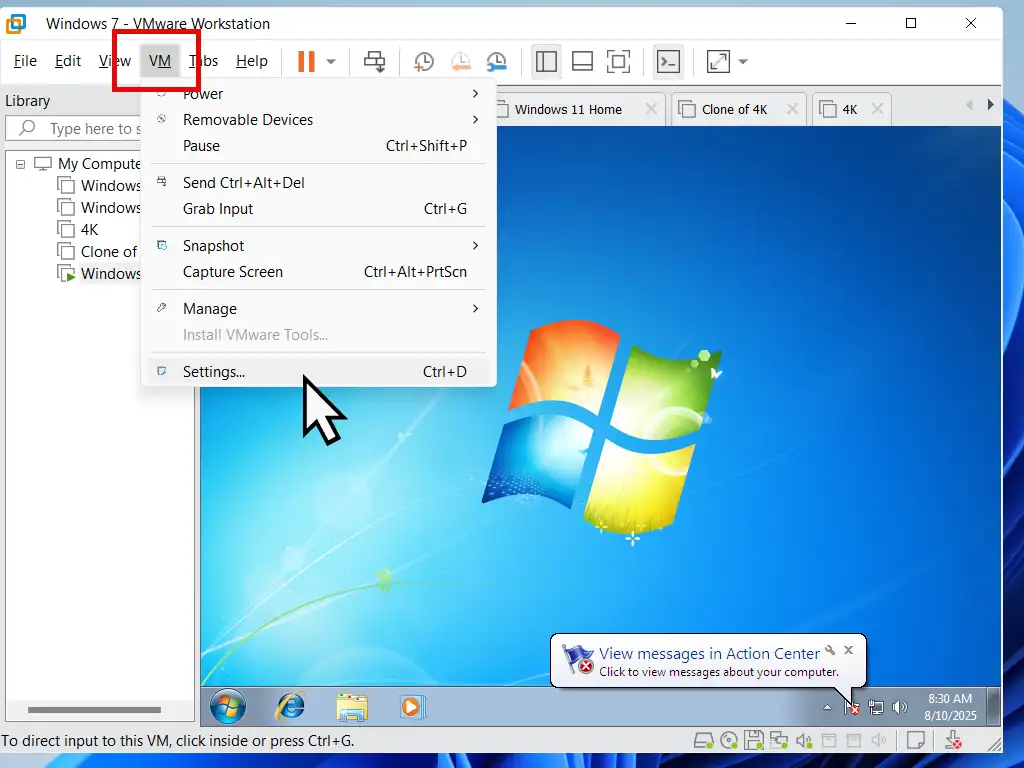 VMware settings.
