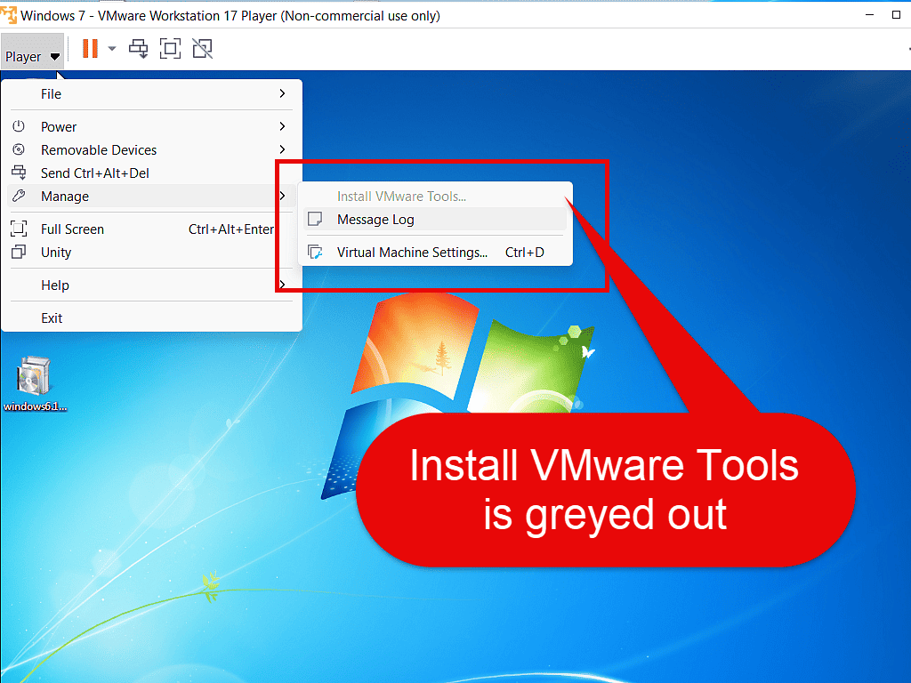 VMware Tools is greyed out and unavailable.