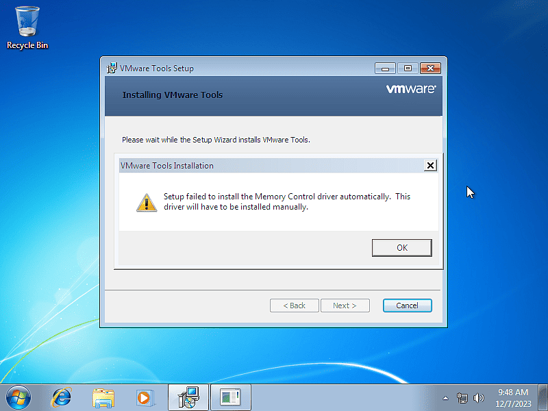 VMware Tools failed to install.