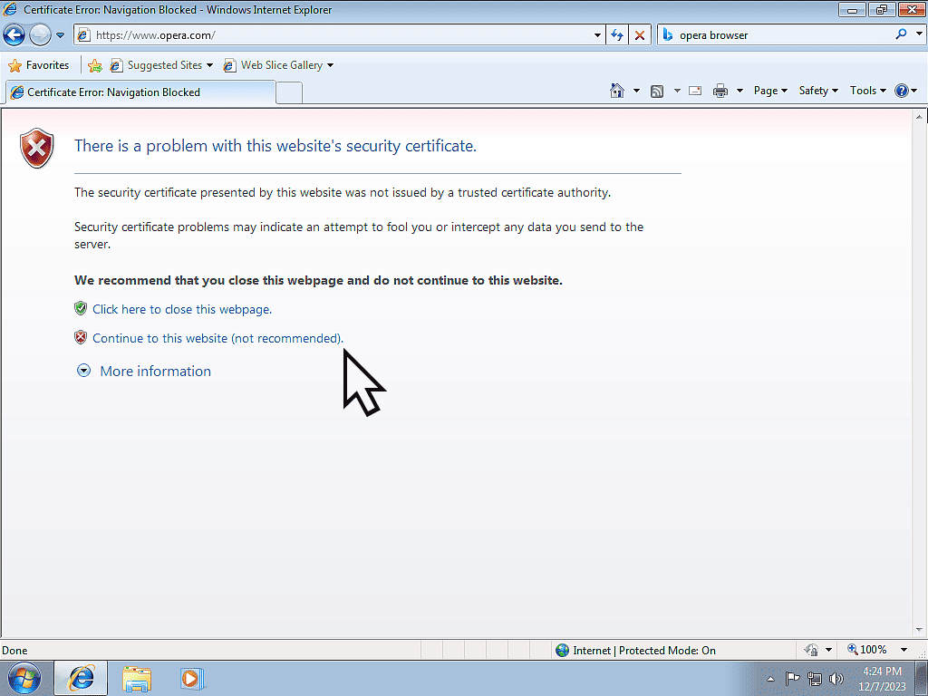 IE 8 informing that there is a problem with the security certificate.