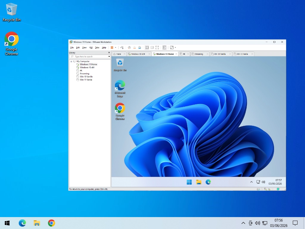 Windows 11 VM A Windows 11 virtual machine running inside a VMware windows in Windows 10.