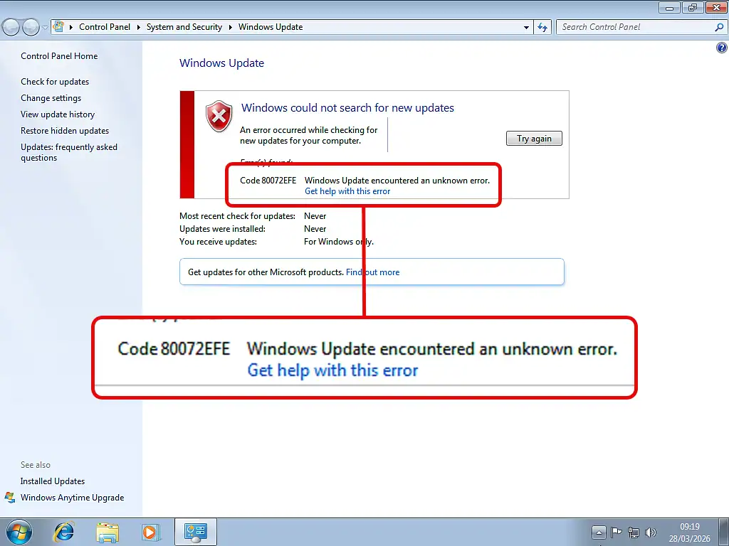 Windows 7 update error 80072EFE Windows 7 "Could not search for new updates". Error code 80072EFE.