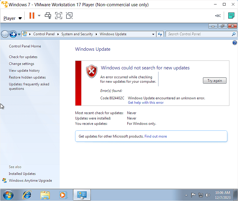Windows 7 update error.