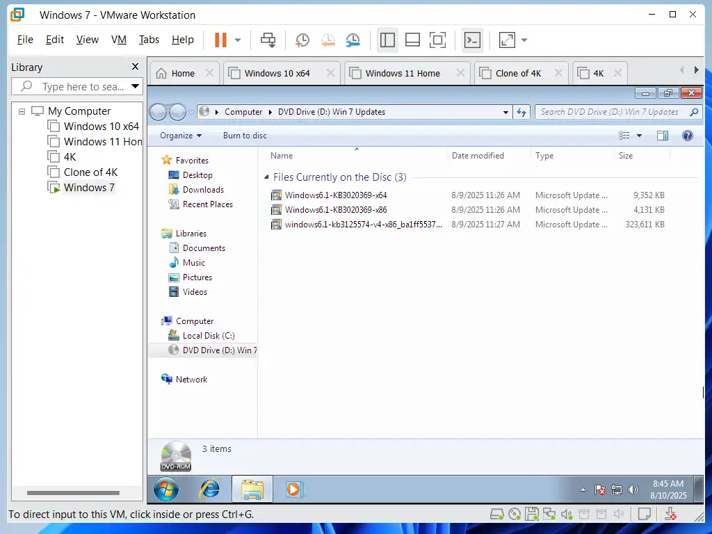 Install Windows 7 updates kb3020369 and kb3125574 onto virtual machine.