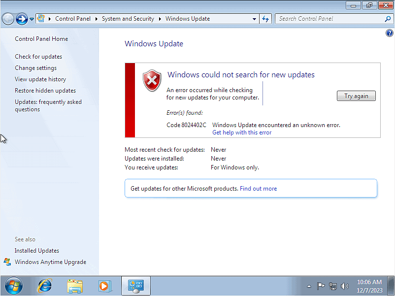 Windows 7 update screen. Message reads 