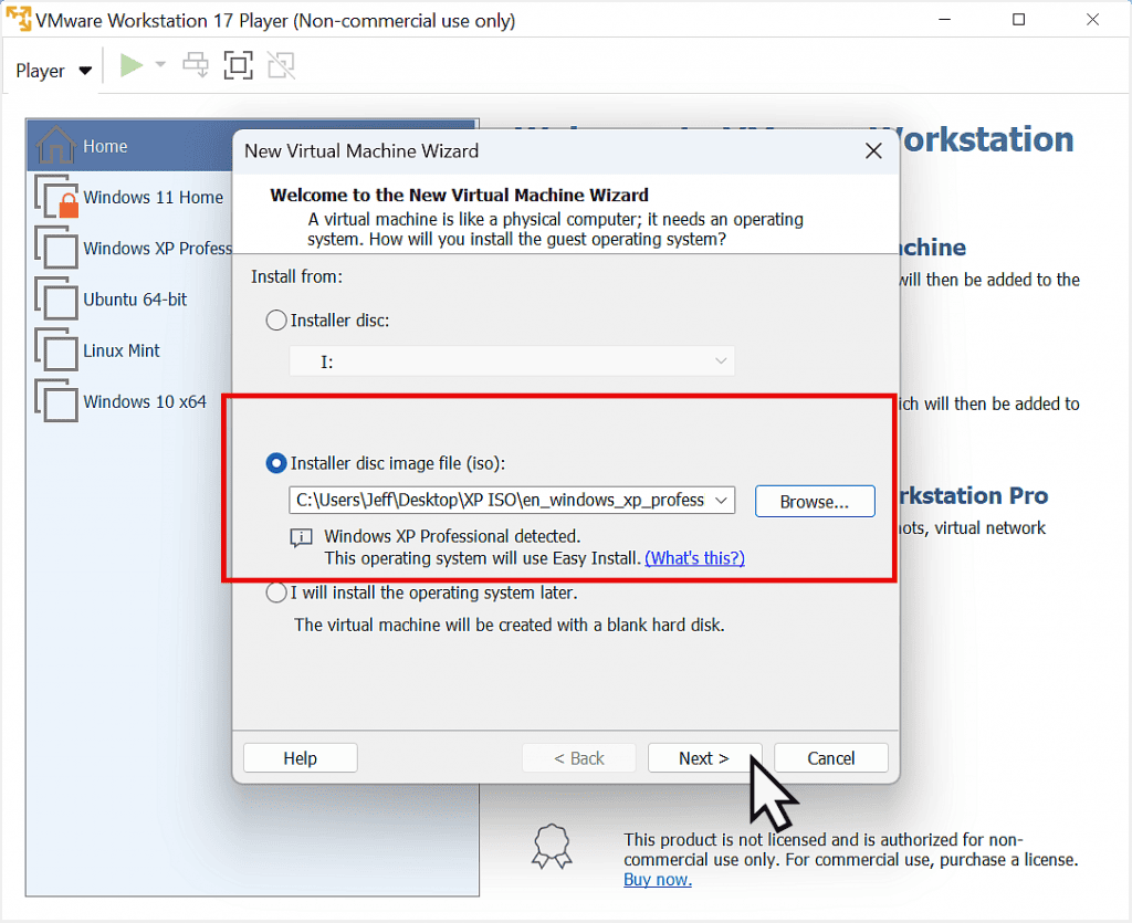 Installing XP from an ISO image file.