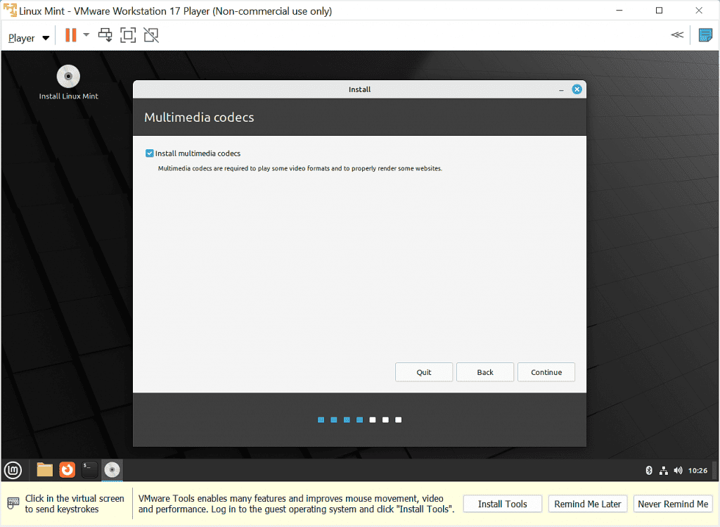Multimedia codecs options in Linux Mint installation.